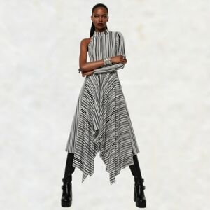 Asymmetric One Sleeve Plisse Midi Dress High Neck Keyhole Rectangular Hem Size 4